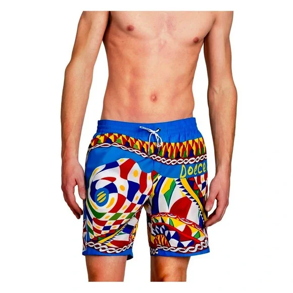 Dolce & Gabbana Carretto Graphic Swim Shorts. Blue, Gold. XL. NEW - Picture 2 of 3